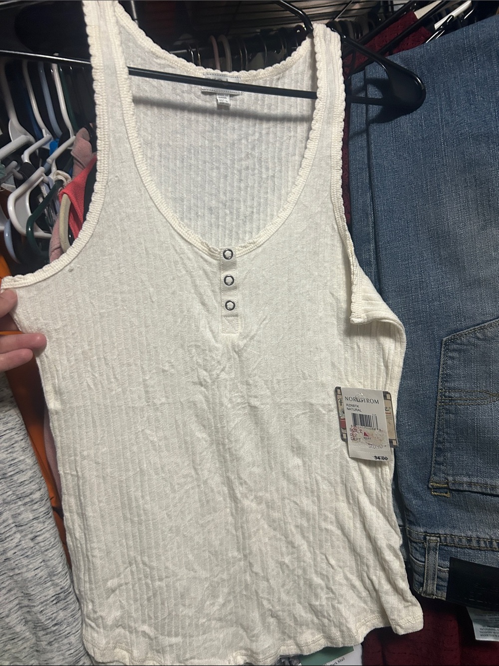 Nordstrom White Ribbed Henley-Style Tank Top